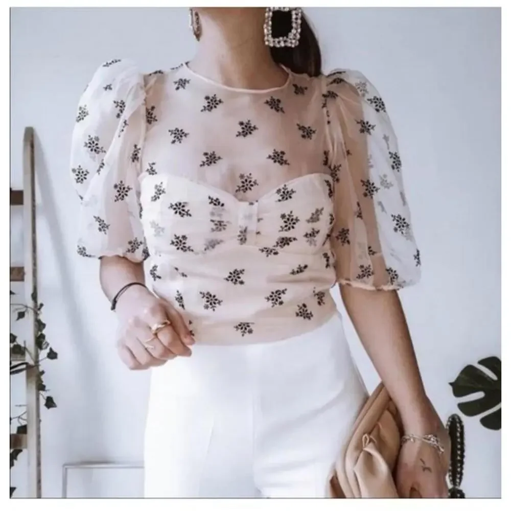 Zara Pastel Organza Blouse Sheer Floral Print Puff‎ Sleeve Size S